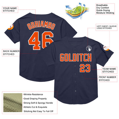 Custom Navy Orange-White Mesh Authentic Throwback Baseball Jersey - Sky-Custom