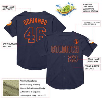 Custom Navy Orange Mesh Authentic Throwback Baseball Jersey - Sky-Custom