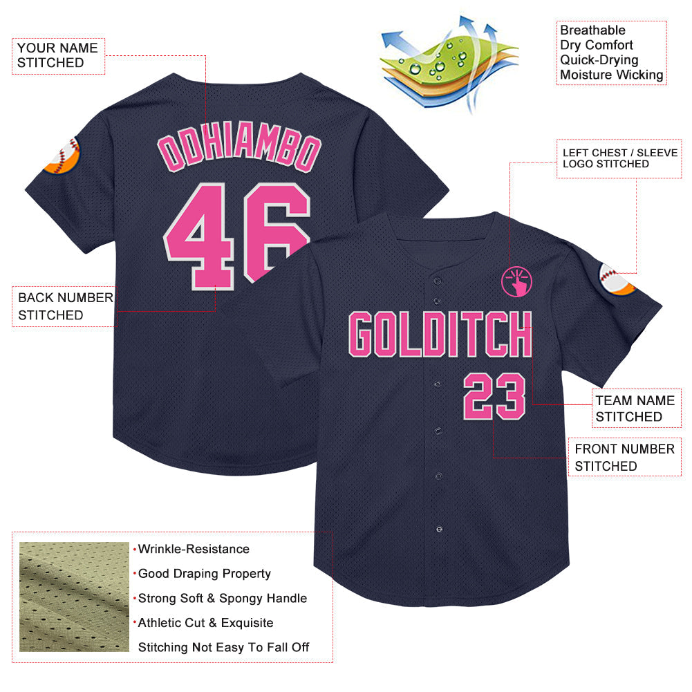 Custom Navy Pink-White Mesh Authentic Throwback Baseball Jersey - Sky-Custom