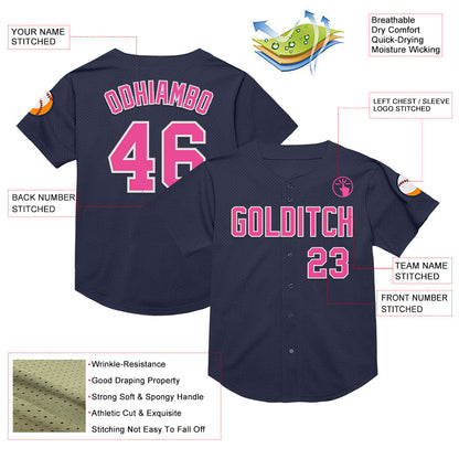 Custom Navy Pink-White Mesh Authentic Throwback Baseball Jersey - Sky-Custom
