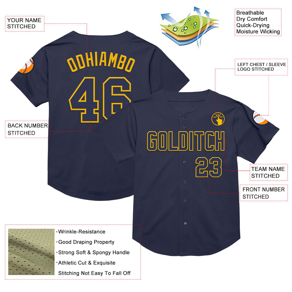 Custom Navy Gold Mesh Authentic Throwback Baseball Jersey - Sky-Custom