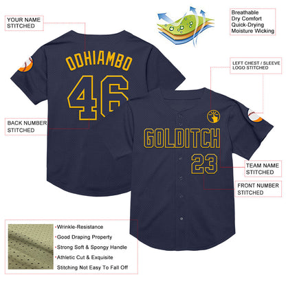 Custom Navy Gold Mesh Authentic Throwback Baseball Jersey - Sky-Custom