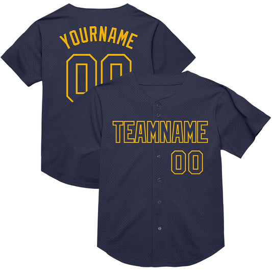 Custom Navy Gold Mesh Authentic Throwback Baseball Jersey - Sky-Custom