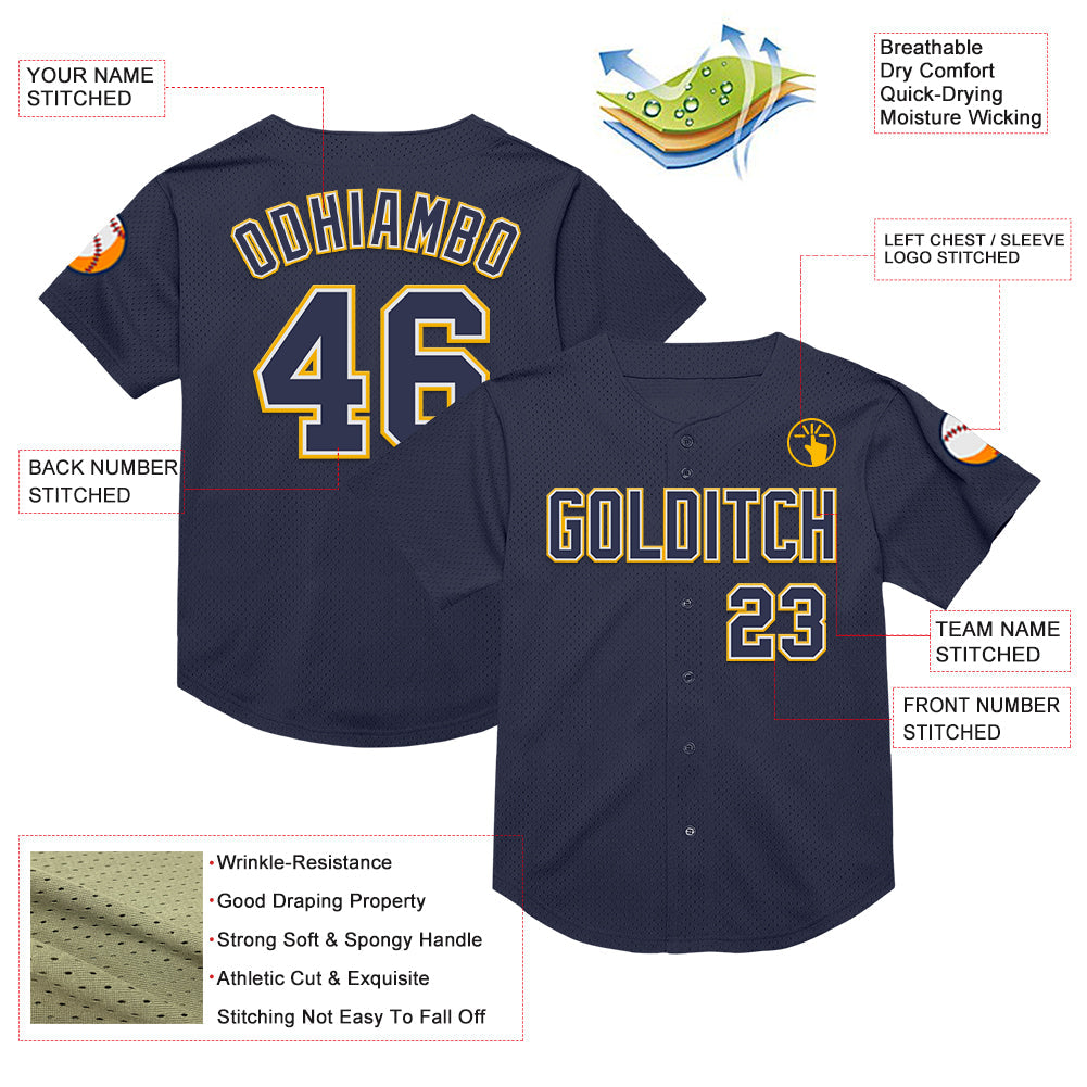 Custom Navy White-Gold Mesh Authentic Throwback Baseball Jersey - Sky-Custom