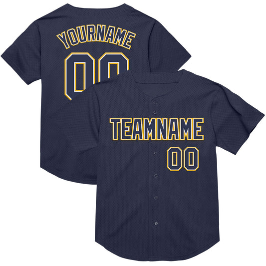 Custom Navy White-Gold Mesh Authentic Throwback Baseball Jersey - Sky-Custom