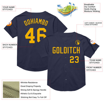 Custom Navy Gold Mesh Authentic Throwback Baseball Jersey - Sky-Custom