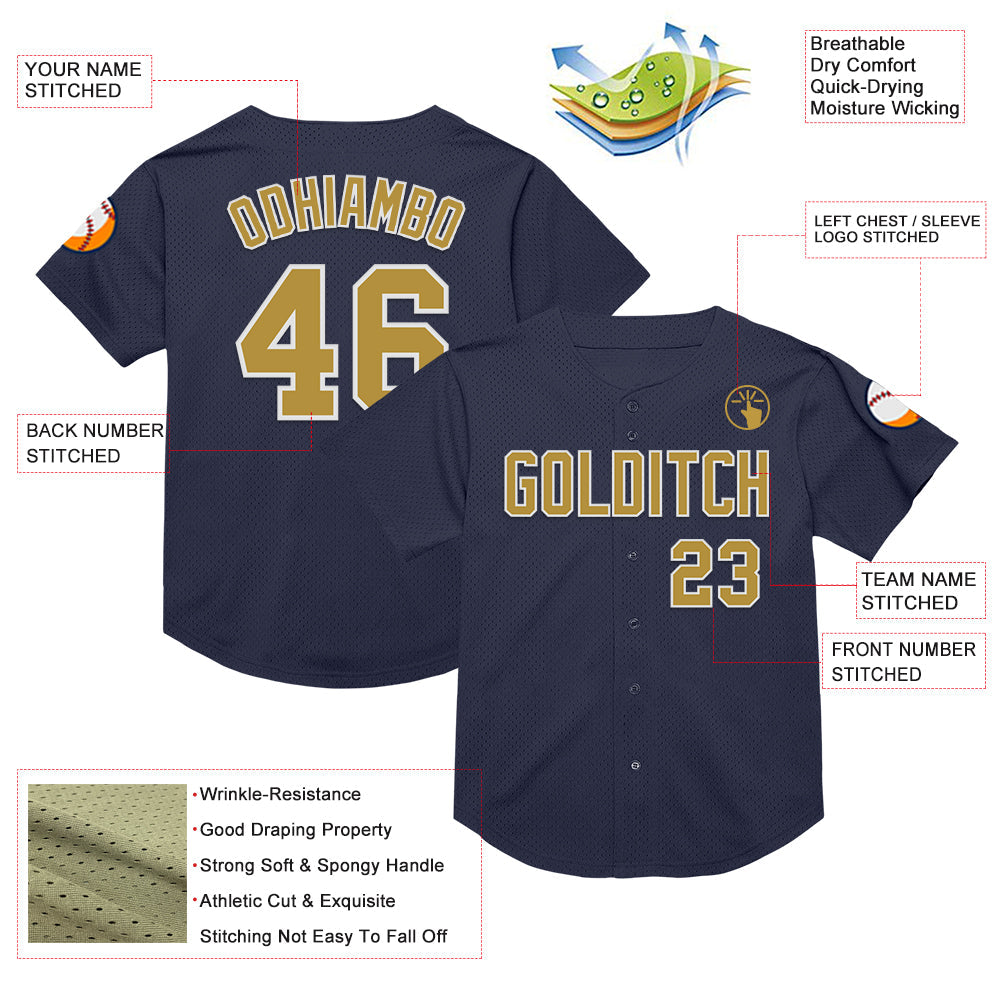 Custom Navy Old Gold-White Mesh Authentic Throwback Baseball Jersey - Sky-Custom