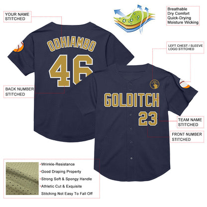 Custom Navy Old Gold-White Mesh Authentic Throwback Baseball Jersey - Sky-Custom