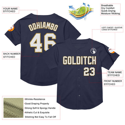 Custom Navy White-Old Gold Mesh Authentic Throwback Baseball Jersey - Sky-Custom