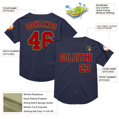 Custom Navy Red-Old Gold Mesh Authentic Throwback Baseball Jersey - Sky-Custom