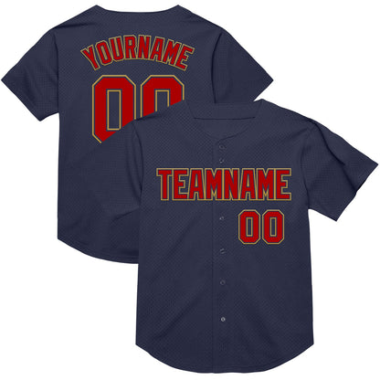 Custom Navy Red-Old Gold Mesh Authentic Throwback Baseball Jersey - Sky-Custom