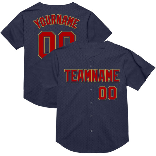 Custom Navy Red-Old Gold Mesh Authentic Throwback Baseball Jersey - Sky-Custom