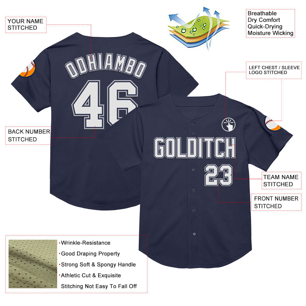 Custom Navy White-Gray Mesh Authentic Throwback Baseball Jersey - Sky-Custom