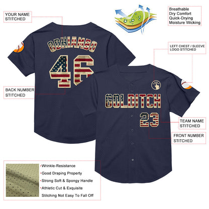 Custom Navy Vintage USA Flag-Cream Mesh Authentic Throwback Baseball Jersey - Sky-Custom