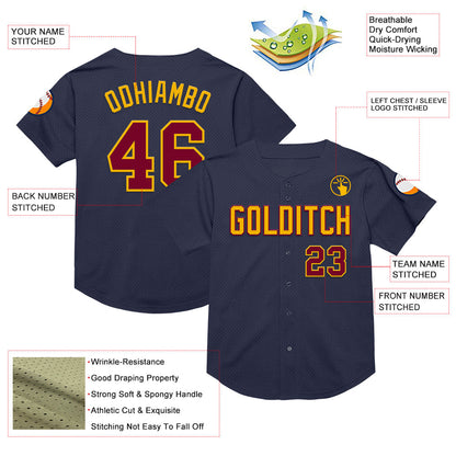 Custom Navy Maroon-Gold Mesh Authentic Throwback Baseball Jersey - Sky-Custom