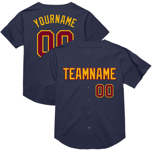 Custom Navy Maroon-Gold Mesh Authentic Throwback Baseball Jersey - Sky-Custom