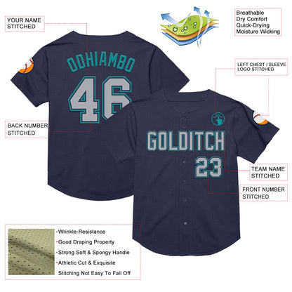 Custom Navy Gray-Teal Mesh Authentic Throwback Baseball Jersey - Sky-Custom