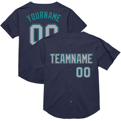 Custom Navy Gray-Teal Mesh Authentic Throwback Baseball Jersey - Sky-Custom