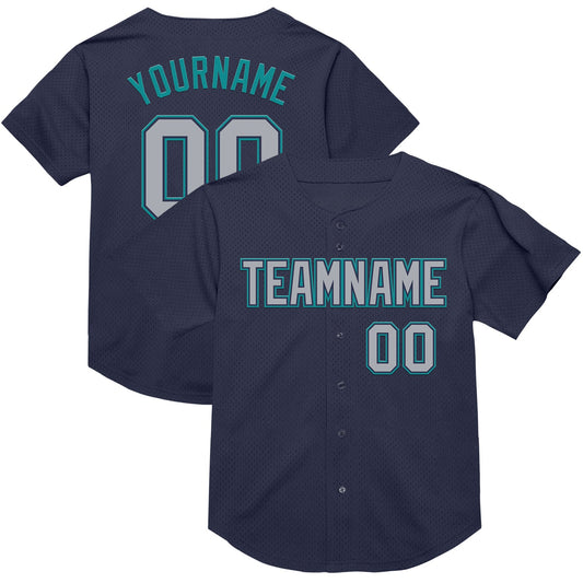 Custom Navy Gray-Teal Mesh Authentic Throwback Baseball Jersey - Sky-Custom
