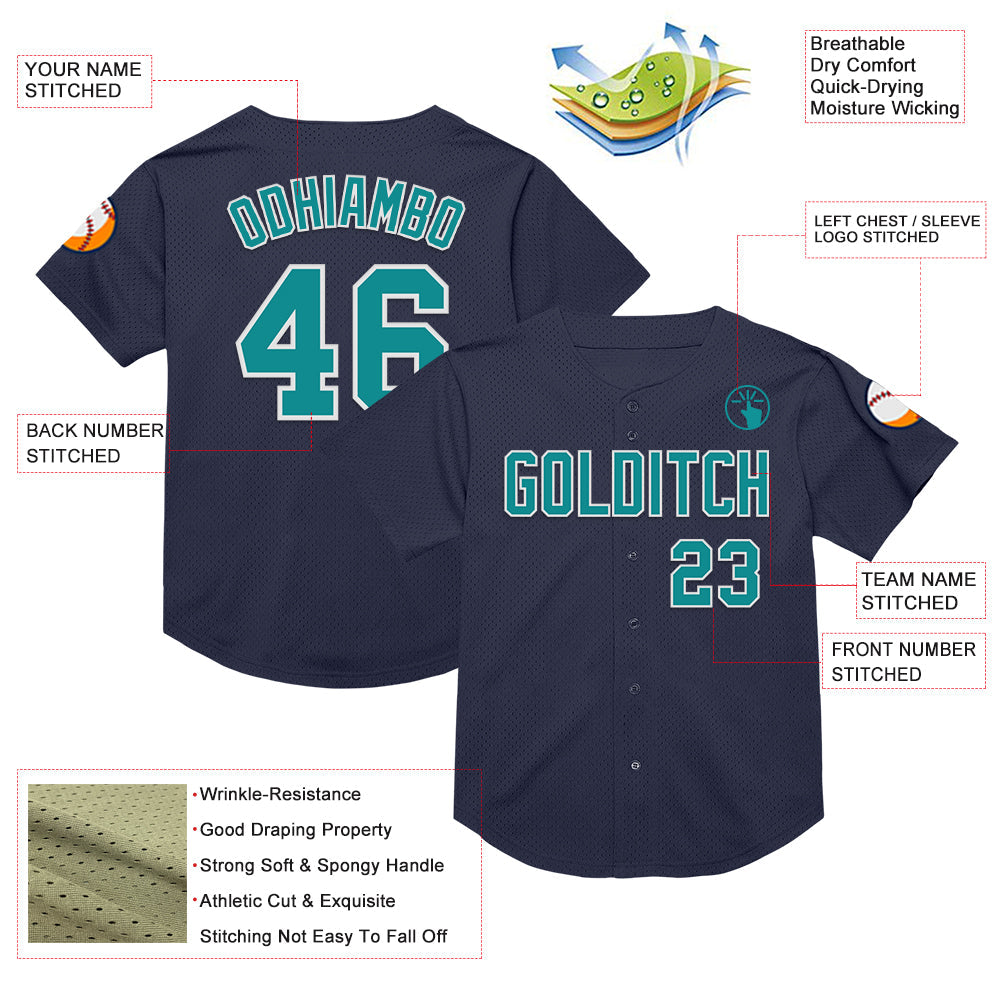 Custom Navy Teal-White Mesh Authentic Throwback Baseball Jersey - Sky-Custom