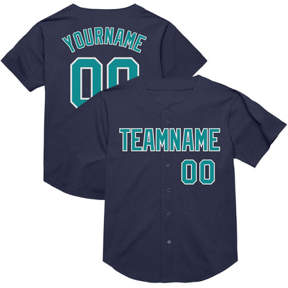 Custom Navy Teal-White Mesh Authentic Throwback Baseball Jersey - Sky-Custom