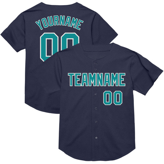 Custom Navy Teal-White Mesh Authentic Throwback Baseball Jersey - Sky-Custom