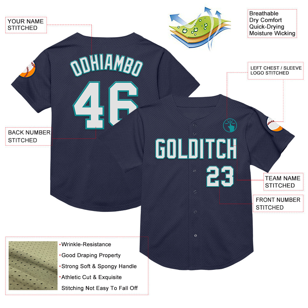 Custom Navy White-Teal Mesh Authentic Throwback Baseball Jersey - Sky-Custom