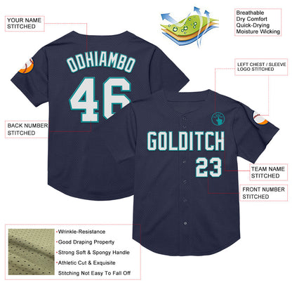 Custom Navy White-Teal Mesh Authentic Throwback Baseball Jersey - Sky-Custom