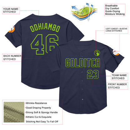 Custom Navy Neon Green Mesh Authentic Throwback Baseball Jersey - Sky-Custom