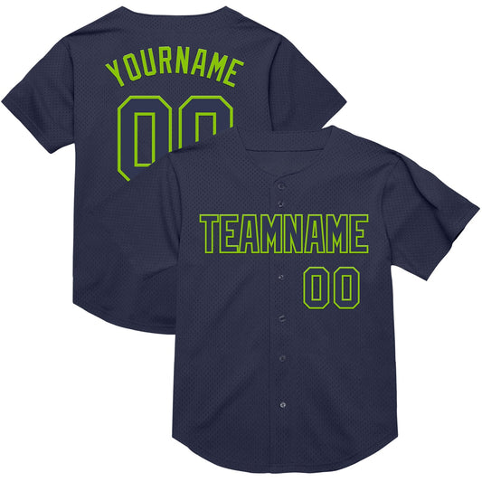 Custom Navy Neon Green Mesh Authentic Throwback Baseball Jersey - Sky-Custom