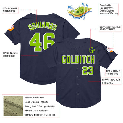 Custom Navy Neon Green-White Mesh Authentic Throwback Baseball Jersey - Sky-Custom