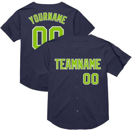 Custom Navy Neon Green-White Mesh Authentic Throwback Baseball Jersey - Sky-Custom