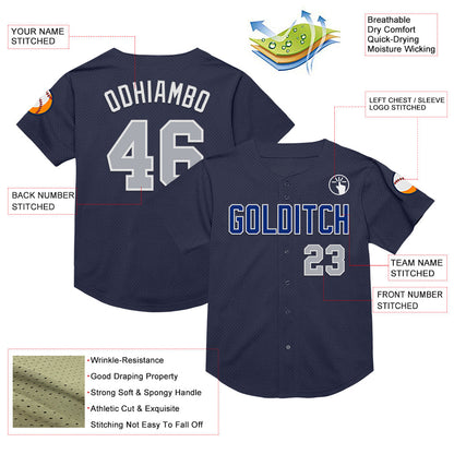 Custom Navy Gray-Royal Mesh Authentic Throwback Baseball Jersey - Sky-Custom