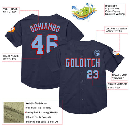 Custom Navy Light Blue-Red Mesh Authentic Throwback Baseball Jersey - Sky-Custom