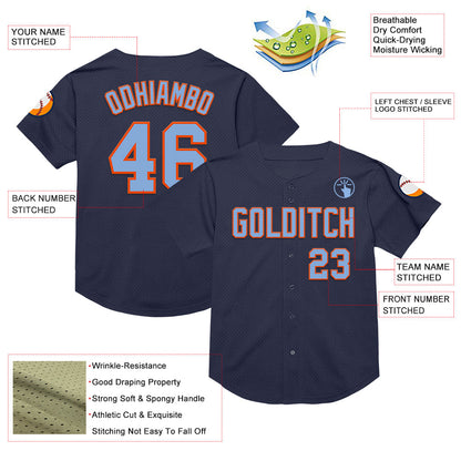 Custom Navy Light Blue-Orange Mesh Authentic Throwback Baseball Jersey - Sky-Custom