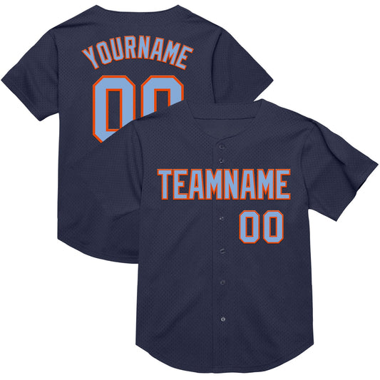 Custom Navy Light Blue-Orange Mesh Authentic Throwback Baseball Jersey - Sky-Custom