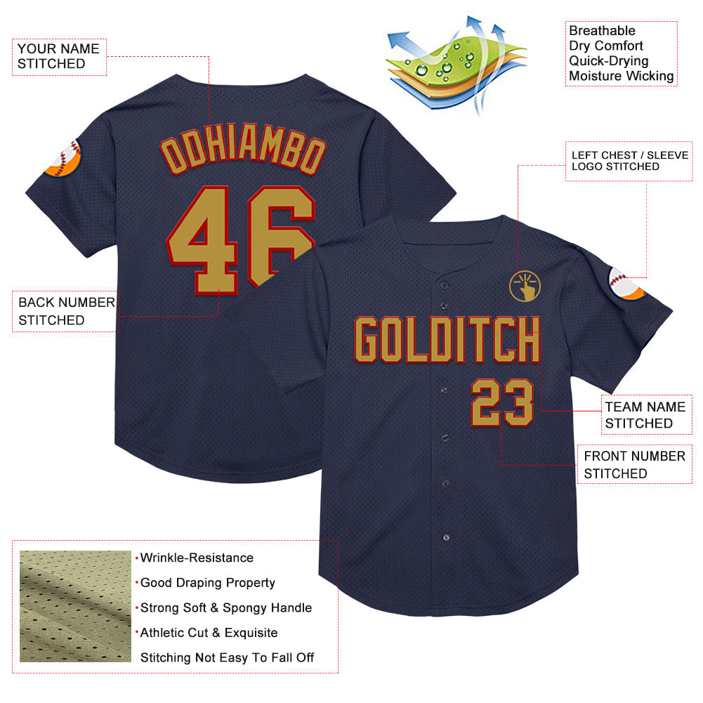 Custom Navy Old Gold-Red Mesh Authentic Throwback Baseball Jersey - Sky-Custom