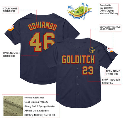 Custom Navy Old Gold-Red Mesh Authentic Throwback Baseball Jersey - Sky-Custom
