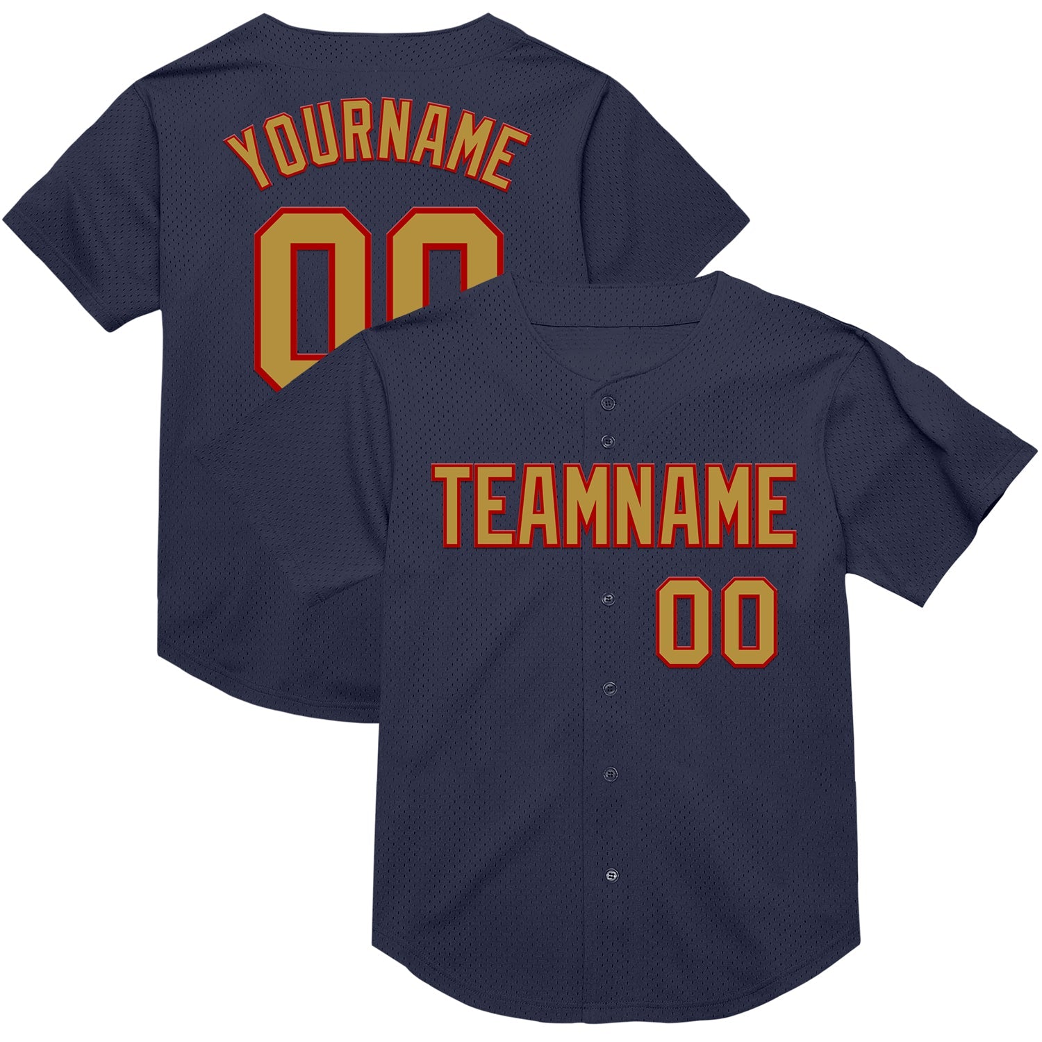 Custom Navy Old Gold-Red Mesh Authentic Throwback Baseball Jersey - Sky-Custom