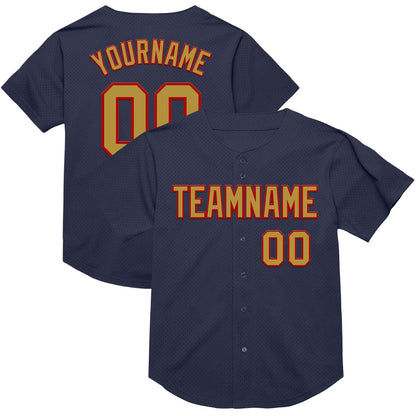 Custom Navy Old Gold-Red Mesh Authentic Throwback Baseball Jersey - Sky-Custom