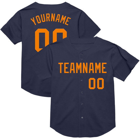 Custom Navy Bay Orange Mesh Authentic Throwback Baseball Jersey - Sky-Custom