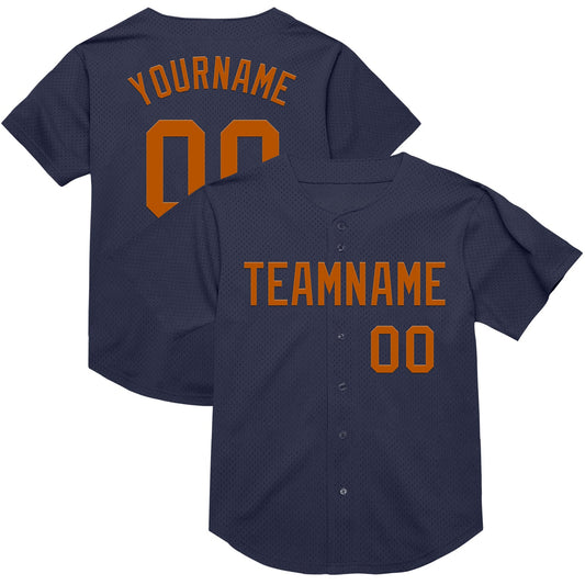 Custom Navy Texas Orange Mesh Authentic Throwback Baseball Jersey - Sky-Custom