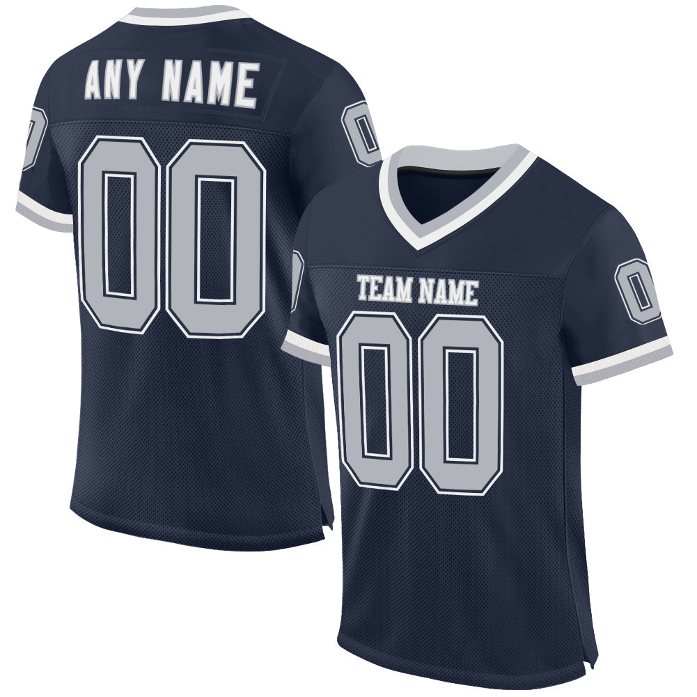 Custom Navy Gray-White Mesh Authentic Throwback Football Jersey - Sky-Custom