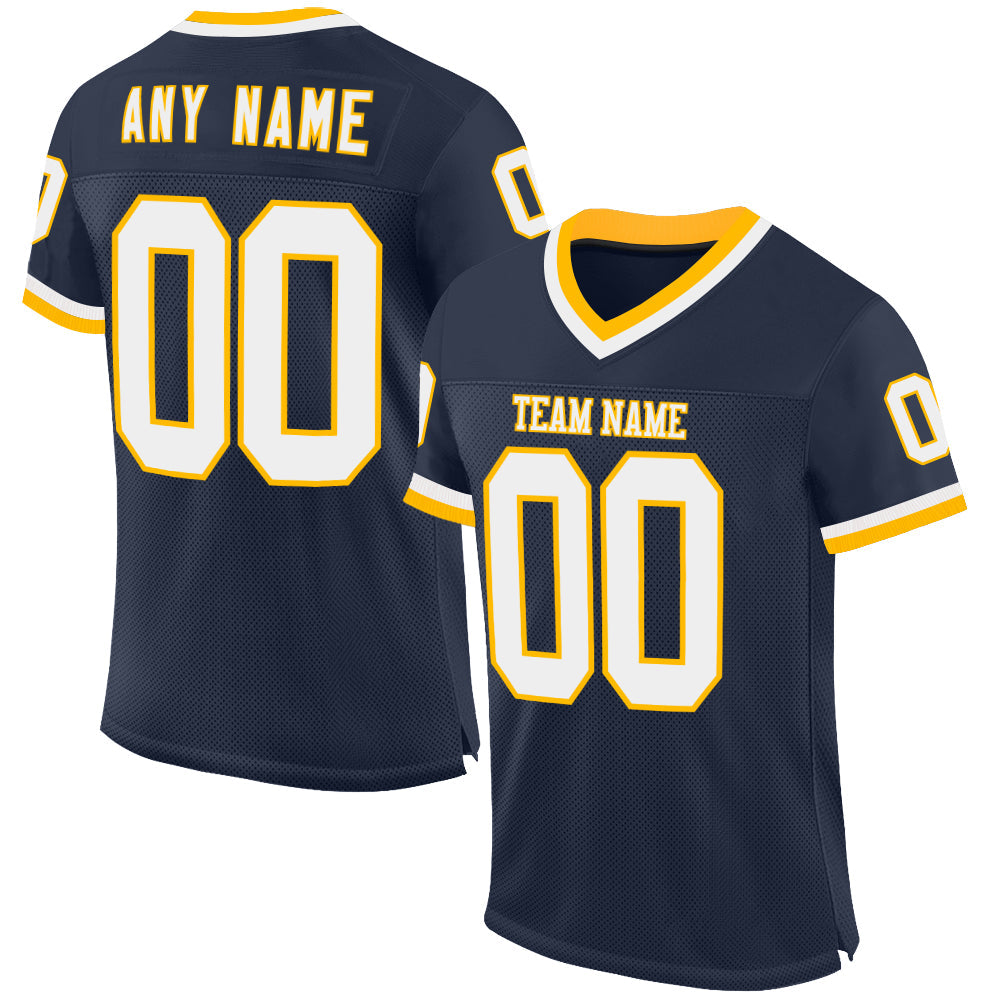 Custom Navy White-Gold Mesh Authentic Throwback Football Jersey - Sky-Custom