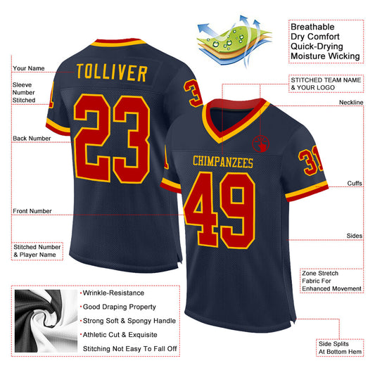 Custom Navy Red-Gold Mesh Authentic Throwback Football Jersey - Sky-Custom