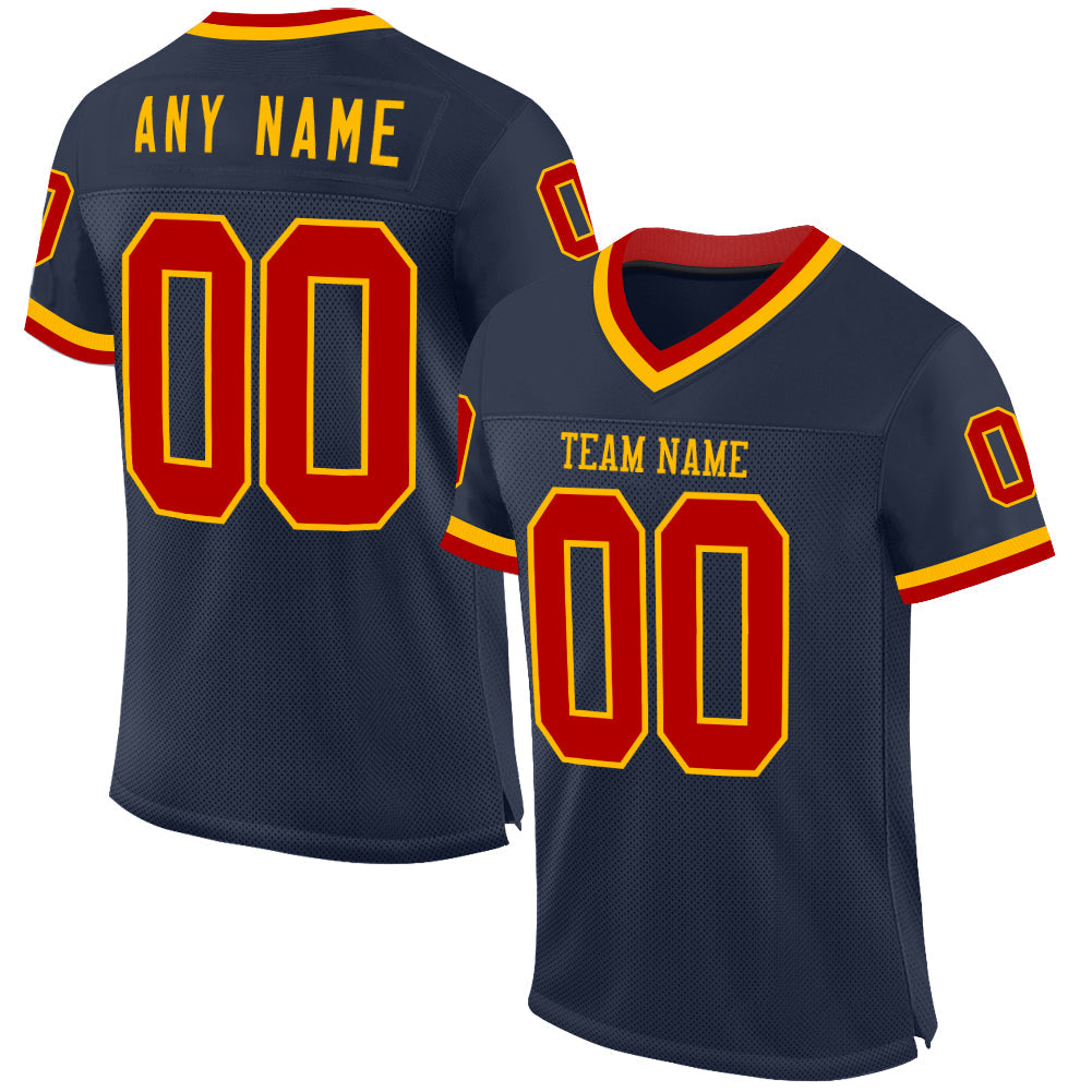 Custom Navy Red-Gold Mesh Authentic Throwback Football Jersey - Sky-Custom