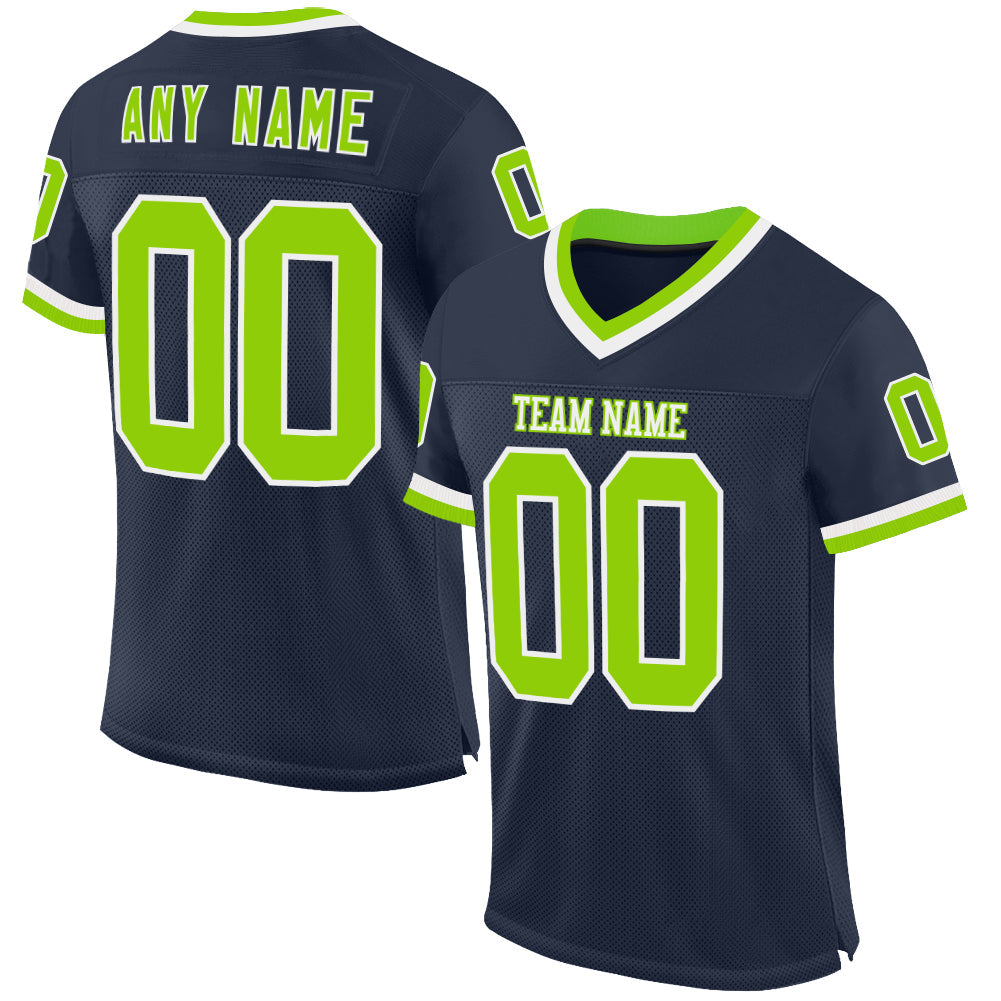 Custom Navy Neon Green-White Mesh Authentic Throwback Football Jersey - Sky-Custom