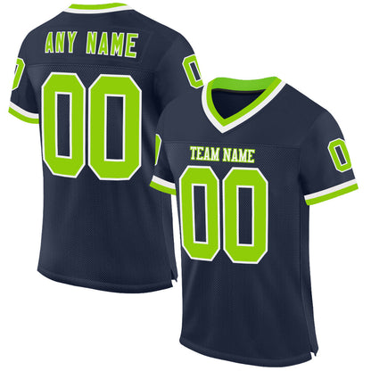 Custom Navy Neon Green-White Mesh Authentic Throwback Football Jersey - Sky-Custom