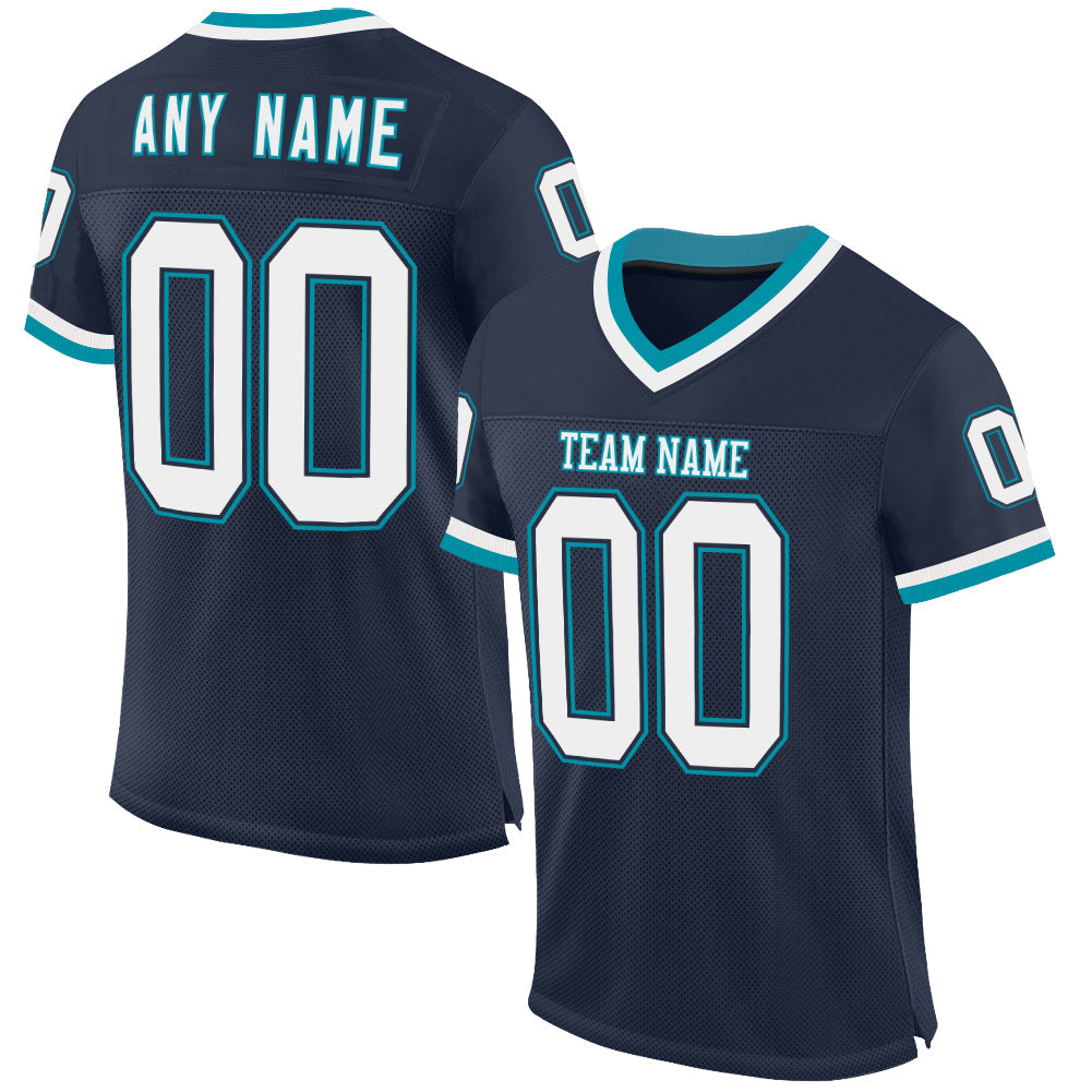 Custom Navy White-Teal Mesh Authentic Throwback Football Jersey - Sky-Custom