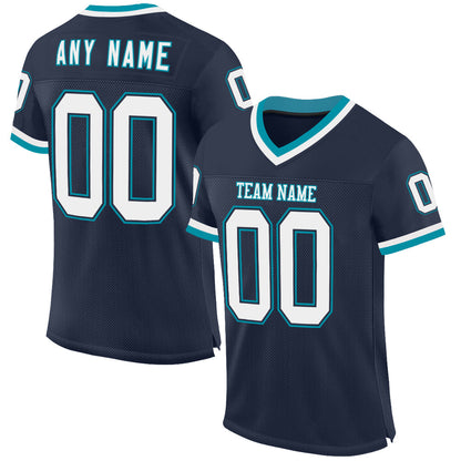 Custom Navy White-Teal Mesh Authentic Throwback Football Jersey - Sky-Custom